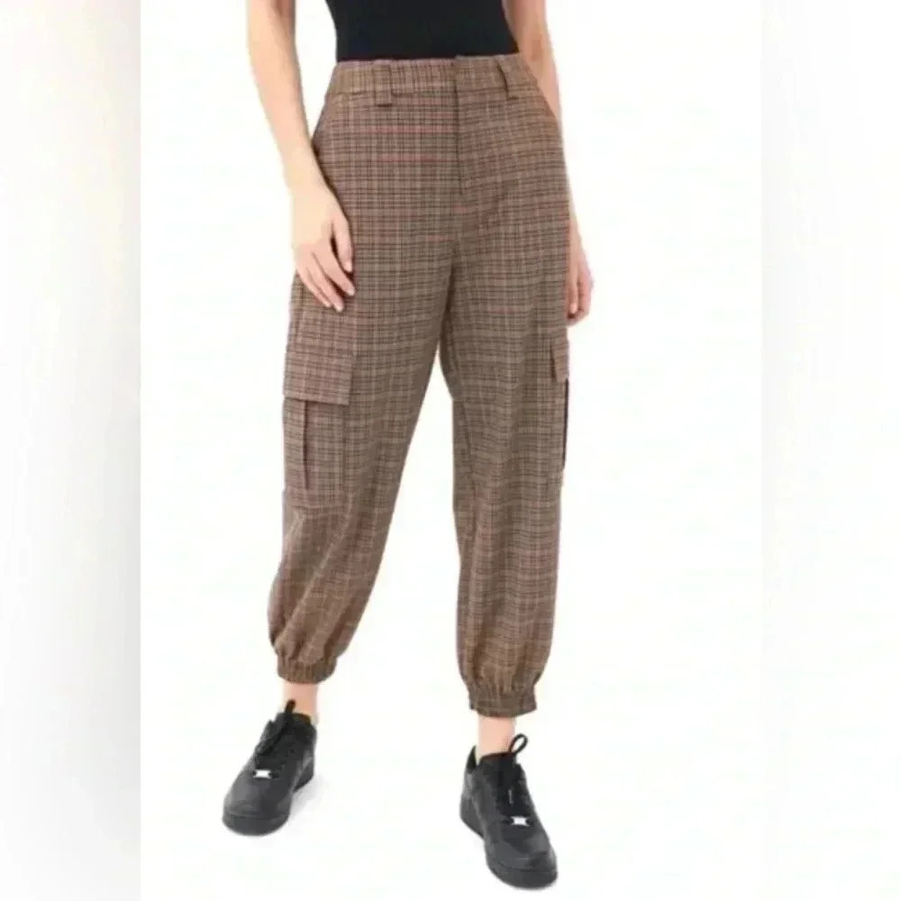 Urban Outfitters‎ Brown Plaid High- Rise Cargo Jogger Pants Size Small